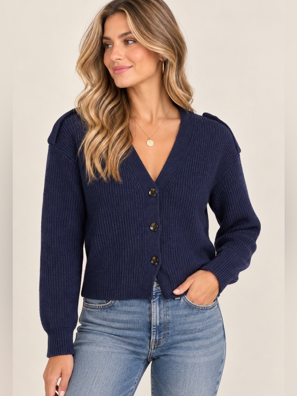 Massimo Dutti Deep Navy Ribbed V-Neck Button Cardigan